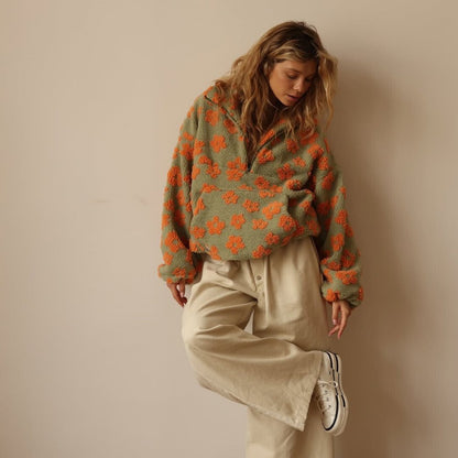 Sweter damski oversize | kwiatowy wzór, dzianina