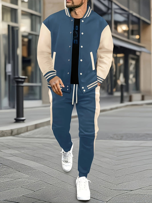 Komplet męski dresowy | Kurtka baseballowa, spodnie sportowe, blokowe kolory | Sportowy styl casual