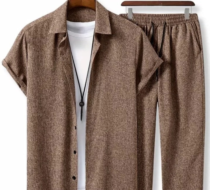 Komplet męski letni | Koszula z krótkim rękawem, spodnie z troczkiem, lekki stretch | Styl casual na wakacje
