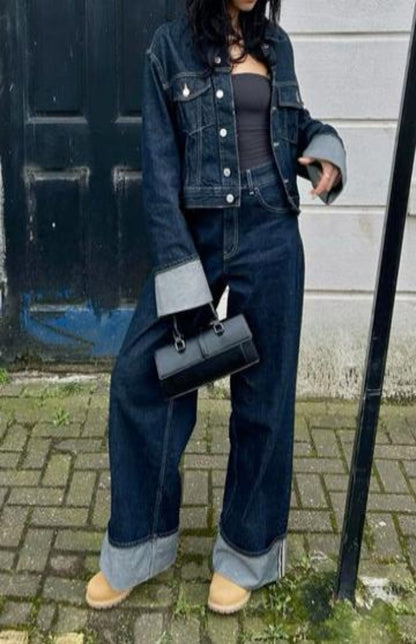 Denimowe Duo - Komplet damski jeansowy | Kurtka oversize, spodnie proste | Miejski styl casual