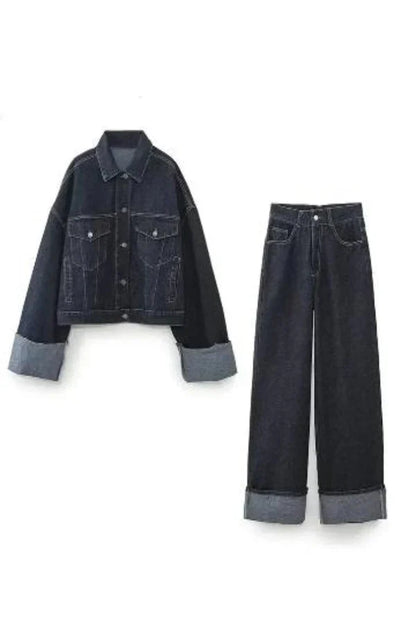 Denimowe Duo - Komplet damski jeansowy | Kurtka oversize, spodnie proste | Miejski styl casual