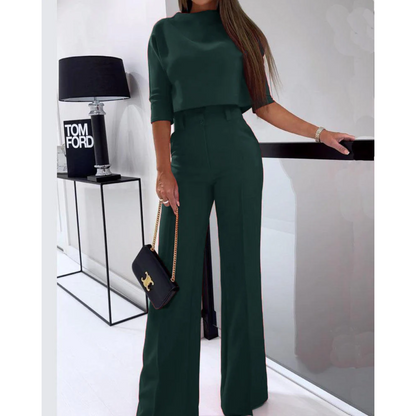 Isabela - Garnitur damski | Top z ukrytym zamkiem, spodnie z szerokimi nogawkami | Elegancki styl do biura