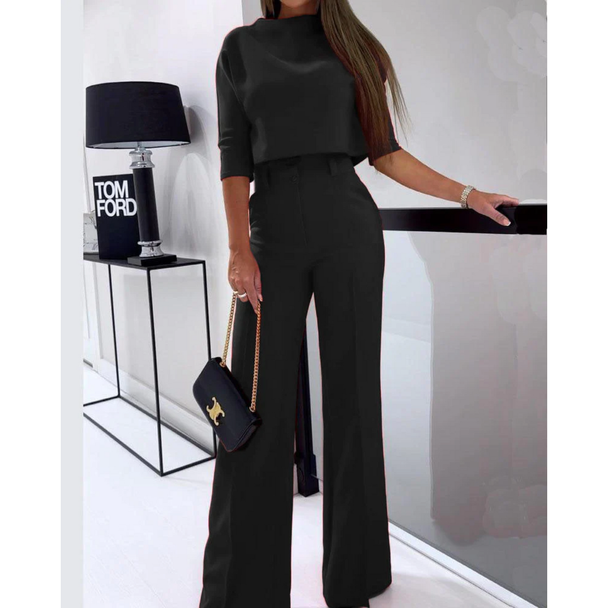 Isabela - Garnitur damski | Top z ukrytym zamkiem, spodnie z szerokimi nogawkami | Elegancki styl do biura