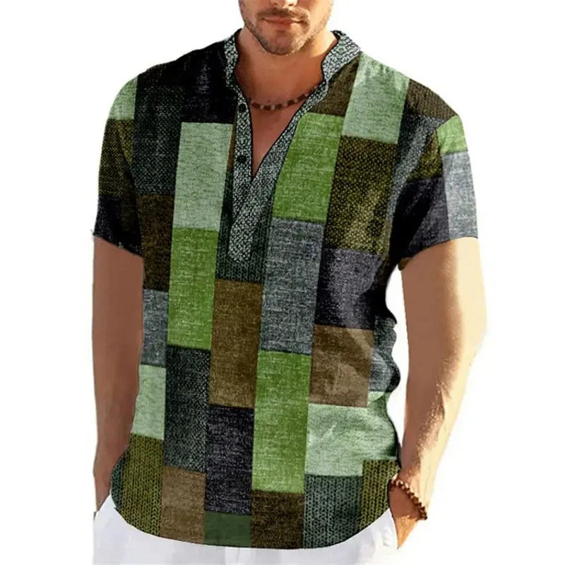 Koszula męska patchwork 3D | luźny krój, krótki rękaw