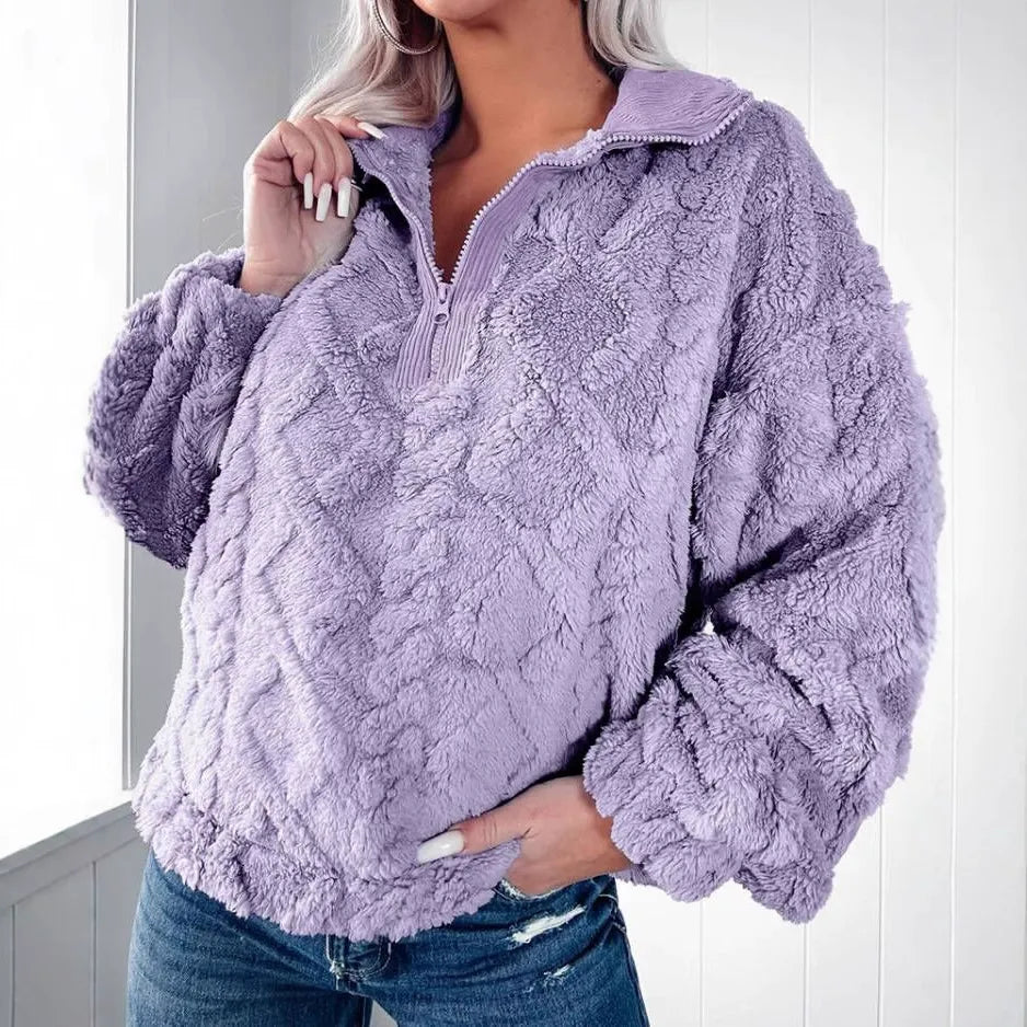 Sweter damski | sztuczne futro, zamek na pół