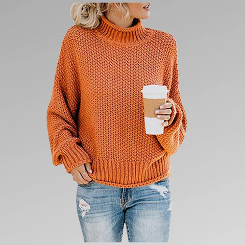 Sweter damski | wysoki kołnierz, żebrowane rękawy