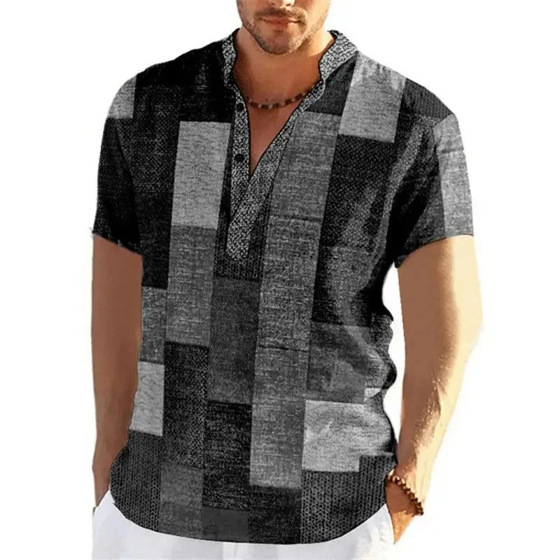 Koszula męska patchwork 3D | luźny krój, krótki rękaw