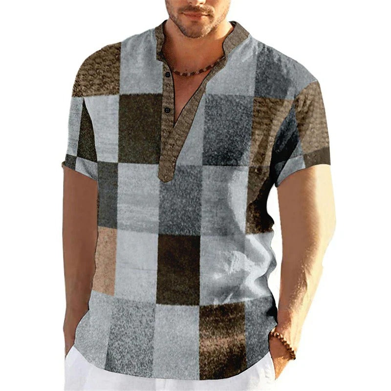 Koszula męska patchwork 3D | luźny krój, krótki rękaw