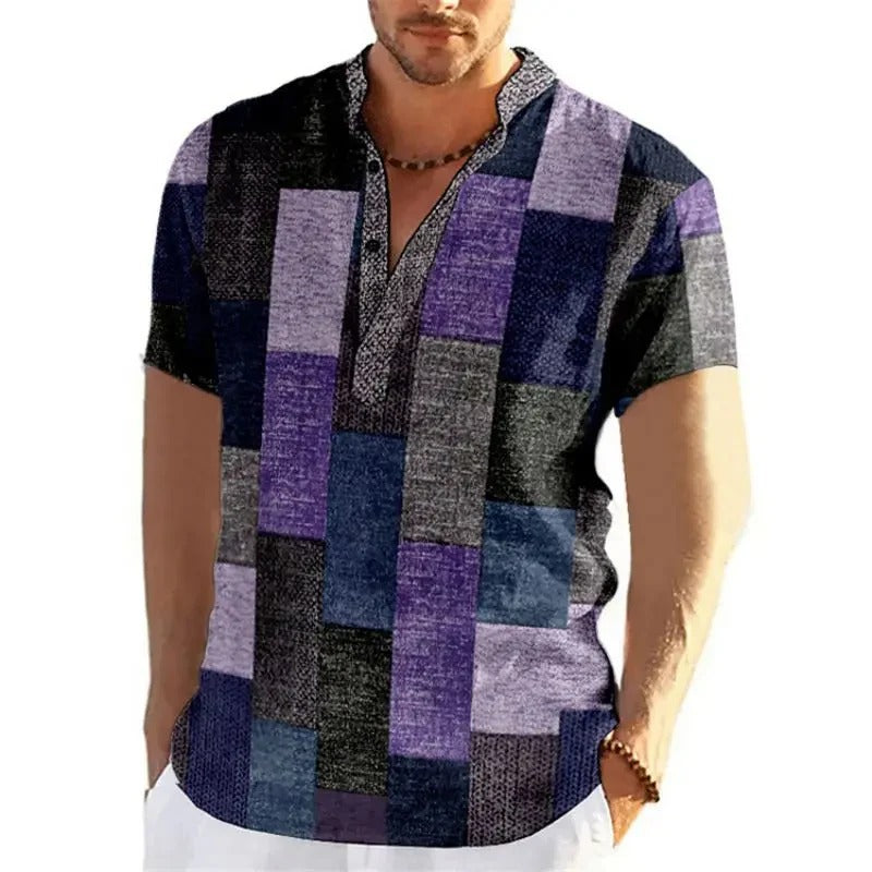 Koszula męska patchwork 3D | luźny krój, krótki rękaw