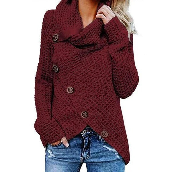 Sweter damski | waflowy splot, asymetryczne guziki