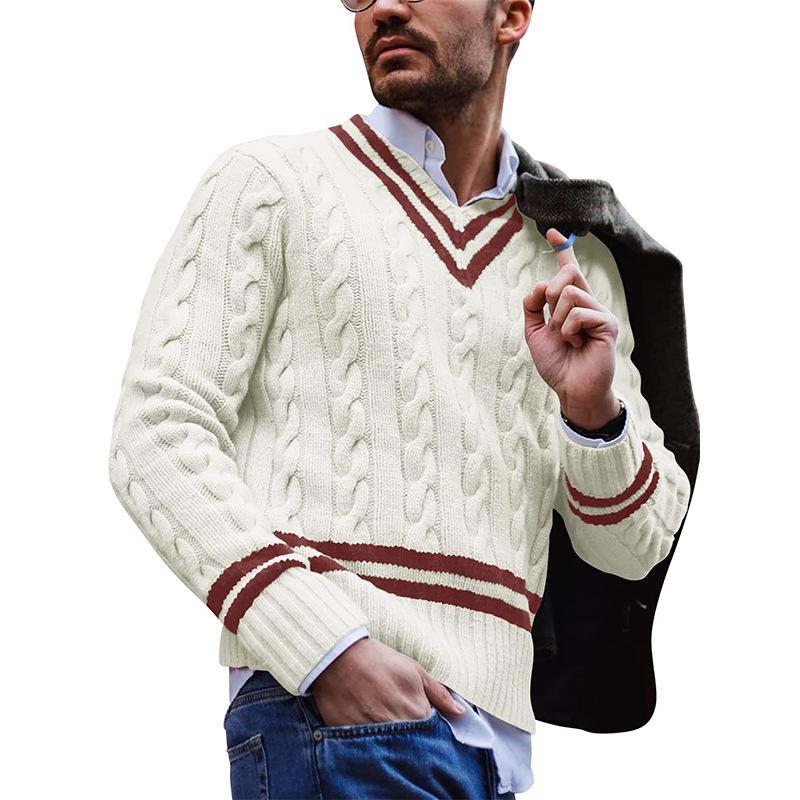 Sweter męski | wzór warkoczowy, dekolt w serek