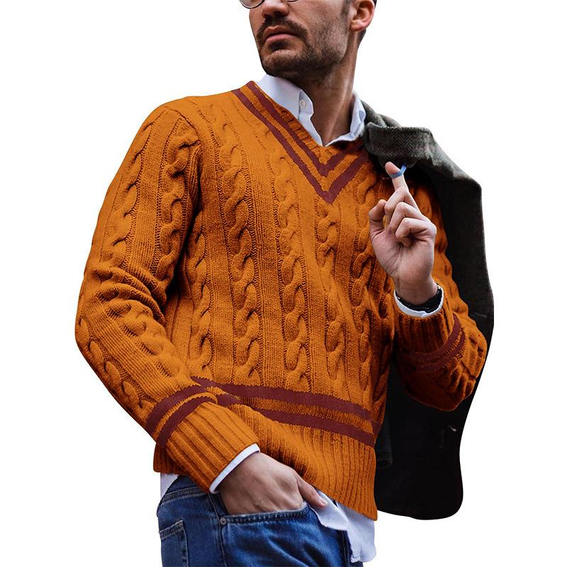 Sweter męski | wzór warkoczowy, dekolt w serek