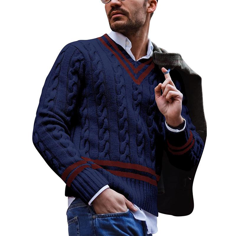 Sweter męski | wzór warkoczowy, dekolt w serek