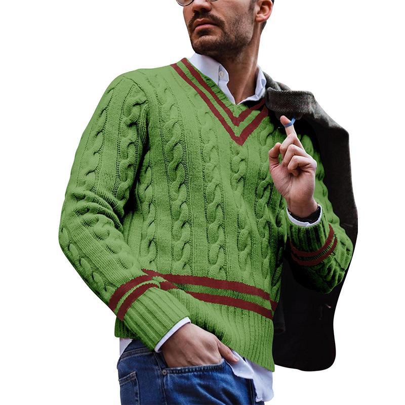 Sweter męski | wzór warkoczowy, dekolt w serek