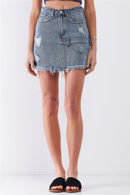 Spódnica mini jeansowa | asymetryczny dół, przetarcia