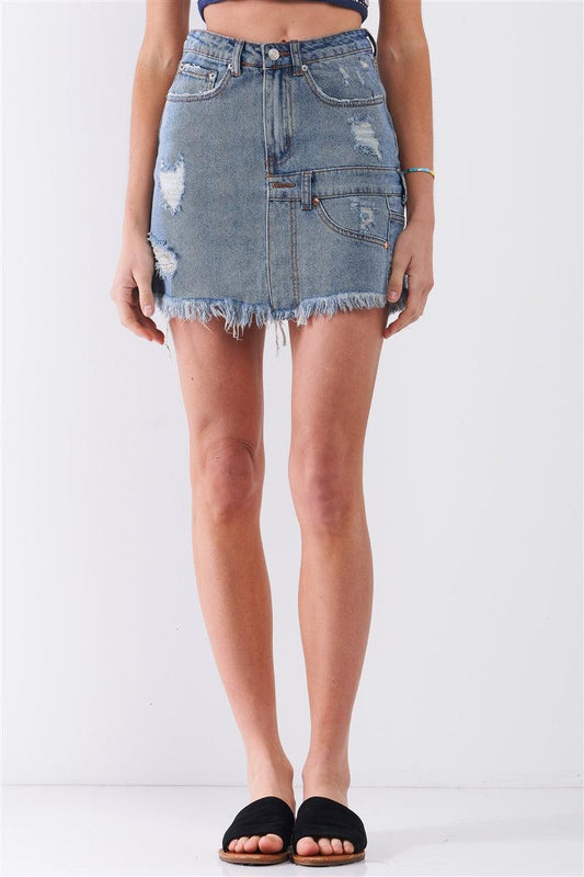 Spódnica mini jeansowa | asymetryczny dół, przetarcia