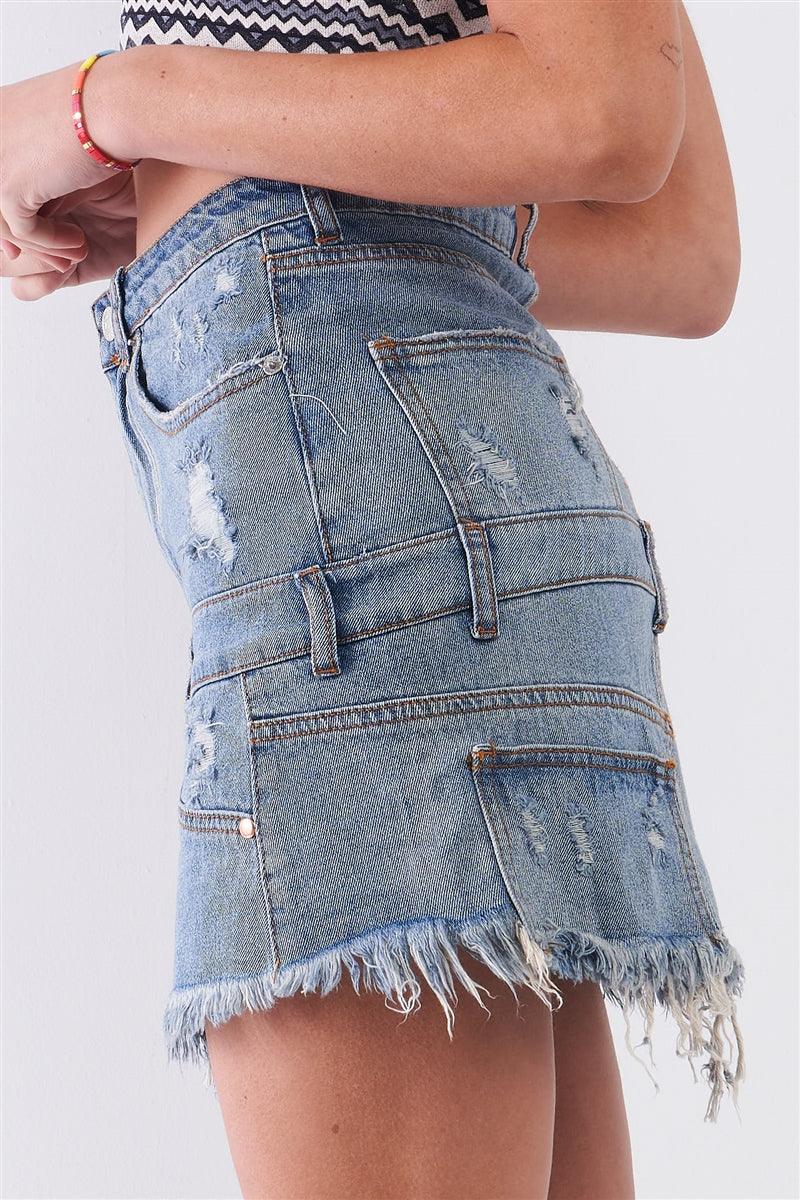 Spódnica mini jeansowa | asymetryczny dół, przetarcia