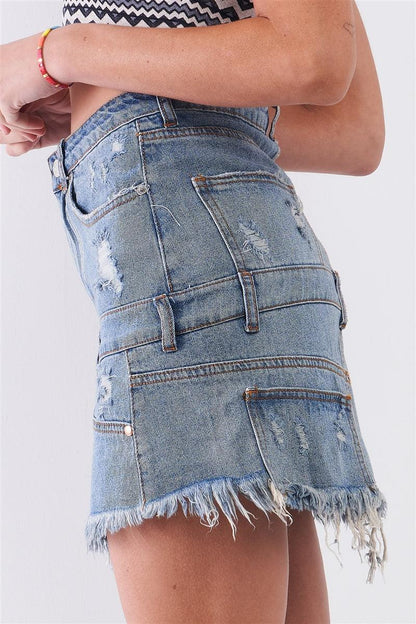 Spódnica mini jeansowa | asymetryczny dół, przetarcia