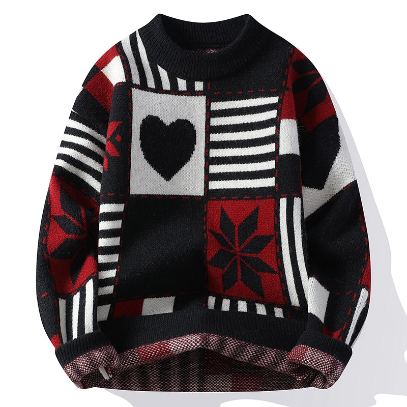 Sweter męski | zimowy patchwork, okrągły dekolt