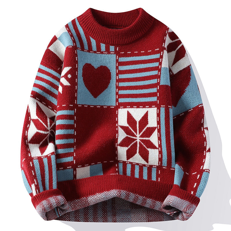 Sweter męski | zimowy patchwork, okrągły dekolt
