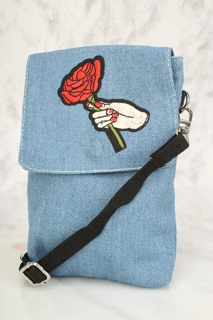 Mini torebka damska | denim, haftowany kaktus