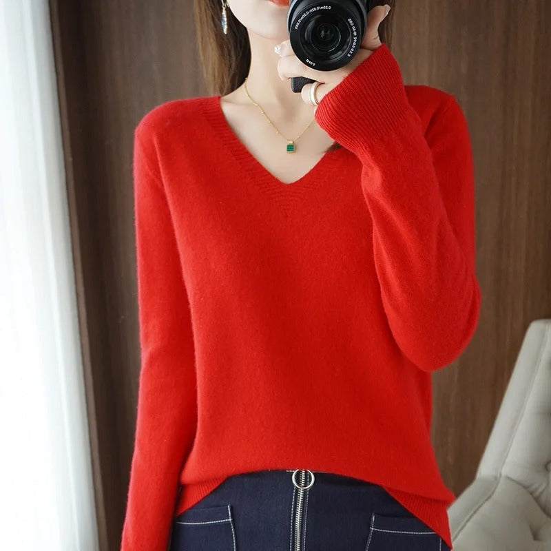 Sweter damski | dekolt V, strukturalne mankiety
