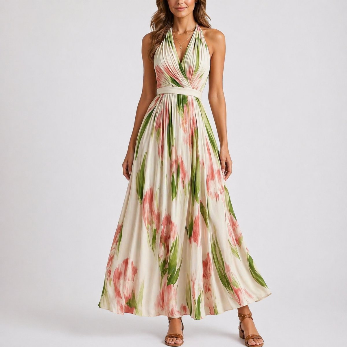 Sukienka maxi | dekolt halter, plisowana spódnica