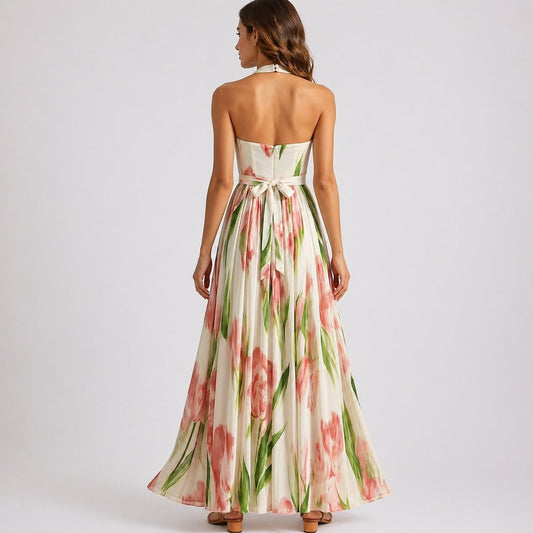 Sukienka maxi | dekolt halter, plisowana spódnica