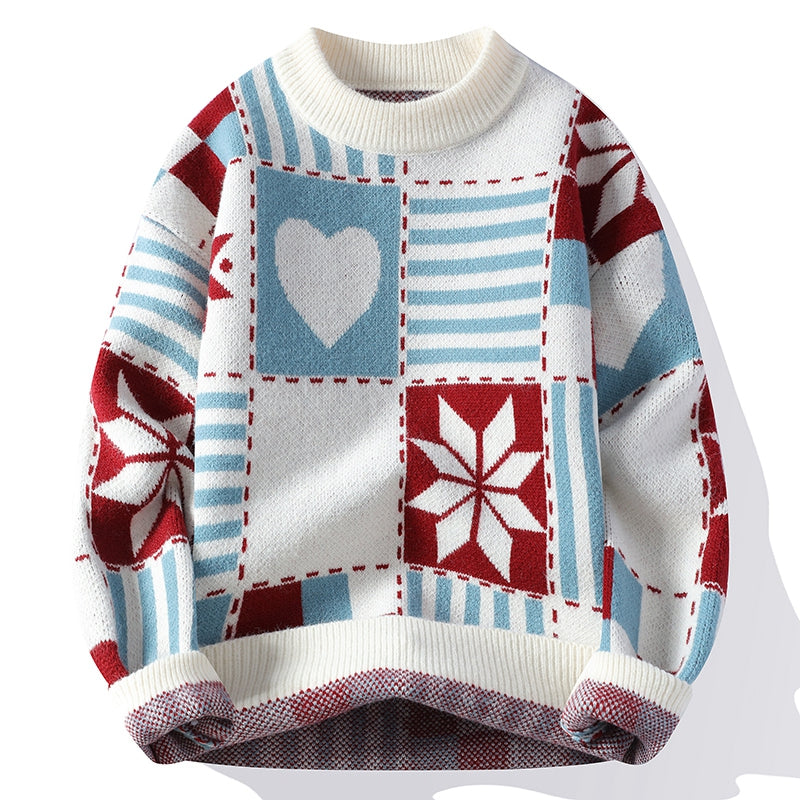 Sweter męski | zimowy patchwork, okrągły dekolt